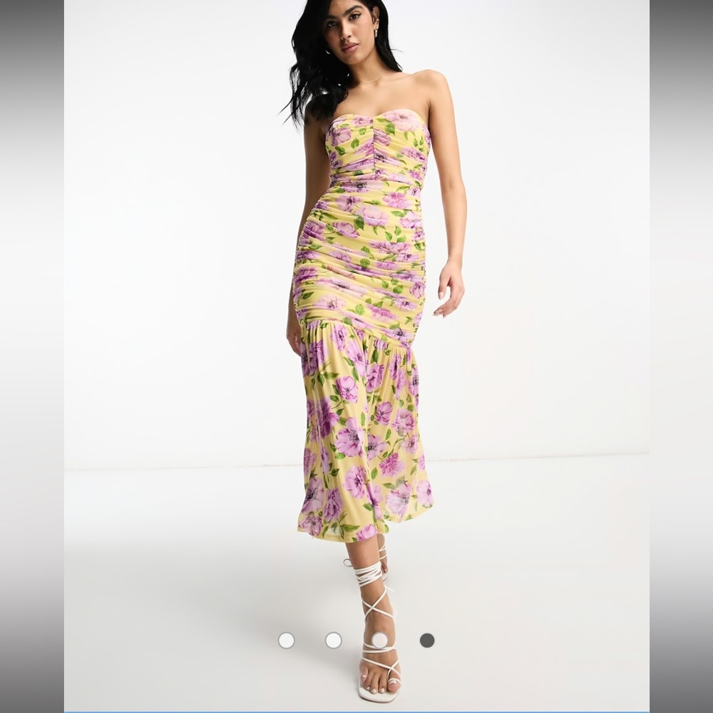 NWOT ASOS DESIGN mesh ruched bodycon bandeau flared hem midi dress
